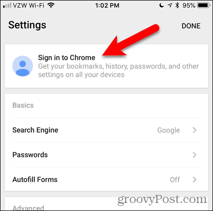 انقر فوق تسجيل الدخول إلى Chrome على iOS