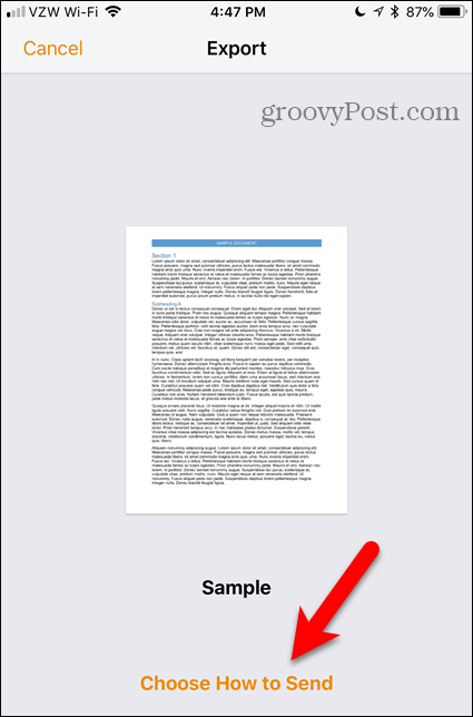 اختر كيفية إرسال الارتباط في Pages for iOS