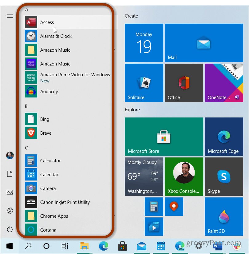 قائمة تطبيقات قائمة ابدأ windows 10