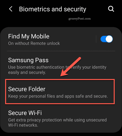 خيار قائمة Android Secure Folder
