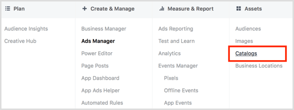 انقر على رابط الكتالوجات في عمود الأصول في Facebook Ads Manager.