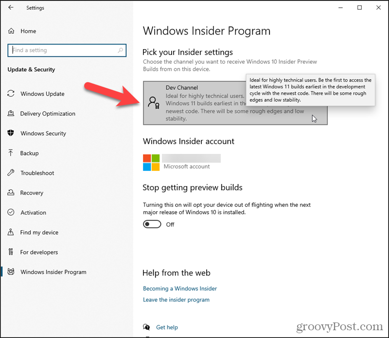 انقر فوق Dev Channel ضمن اختيار إعدادات Insider في نظام التشغيل Windows 10