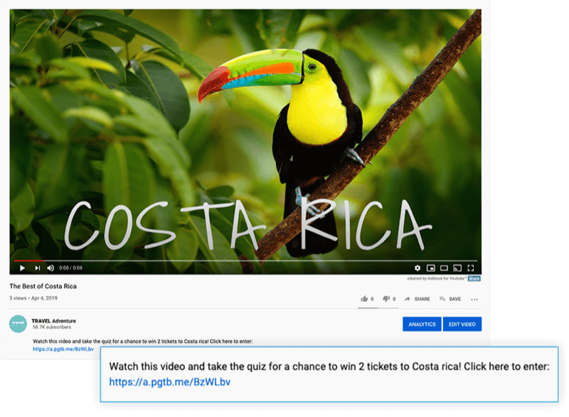 أبرز وصف فيديو youtube مع عرض لمشاهدة الفيديو وإجراء الاختبار للحصول على فرصة للفوز بتذكرتين إلى كوستاريكا