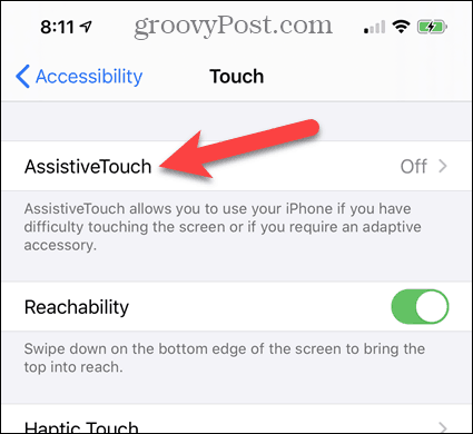 انقر فوق AssistiveTouch في إعدادات الوصول إلى iPhone