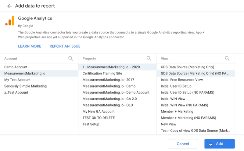 مثال إنشاء تقرير فارغ لاستوديو بيانات google ، إضافة بيانات للإبلاغ عن خيار قائمة موصل google analytics لتحديد حساب google الذي تريد تلقي البيانات منه