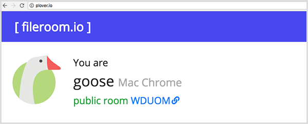 يُظهر القطقاط حيوانًا يمثلك. يُظهر هذا المثال رمز أوزة والنص You Are Goose و Mac Chrome و Public Room.