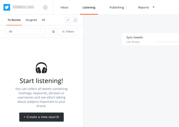 كيفية استخدام Agorapulse للاستماع إلى الوسائط الاجتماعية ، الخطوة 2 قم بإنشاء بحث جديد في علامة تبويب الاستماع.