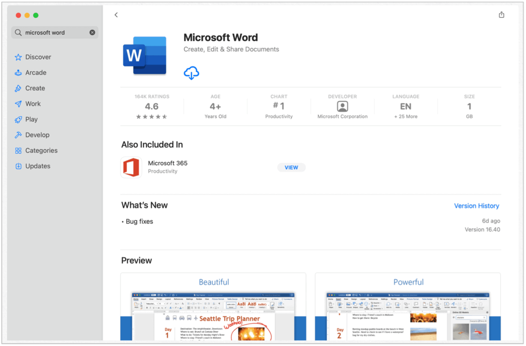 Microsoft Word في متجر تطبيقات Mac
