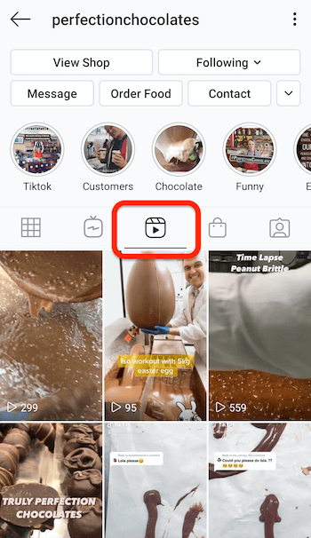 مثال على علامة تبويب reels في ملف تعريف instagram الخاص بـperfectionchocolates