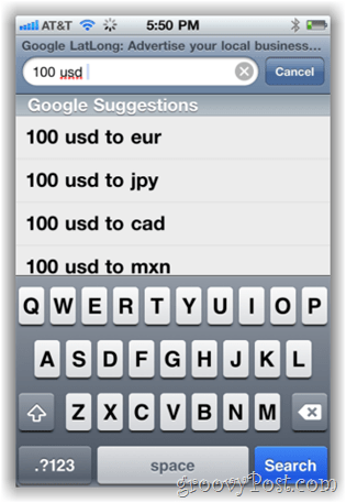محول العملات Google.com على iPhone Mobile