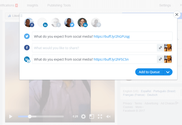 يمكن أن تساعدك أدوات مثل Buffer على مشاركة فيديو Facebook Live على العديد من منصات الوسائط الاجتماعية.