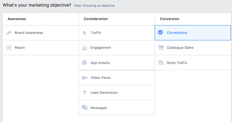 الخيار في مدير إعلانات الفيسبوك لتحديد التحويلات كهدف تسويقي