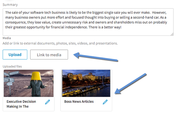 انقر فوق ارتباط بالوسائط لإضافة فيديو إلى أقسام الملخص والخبرة والتعليم في ملفك الشخصي على LinkedIn.