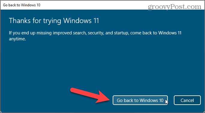 انقر فوق العودة إلى Windows 10