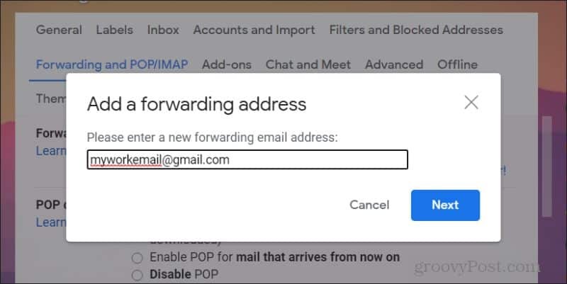 لقطة شاشة لإضافة إعادة توجيه البريد الإلكتروني