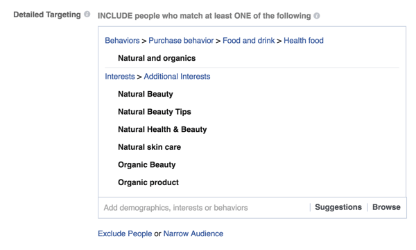 مثال على خيارات استهداف مفصلة لإعلان فيسبوك