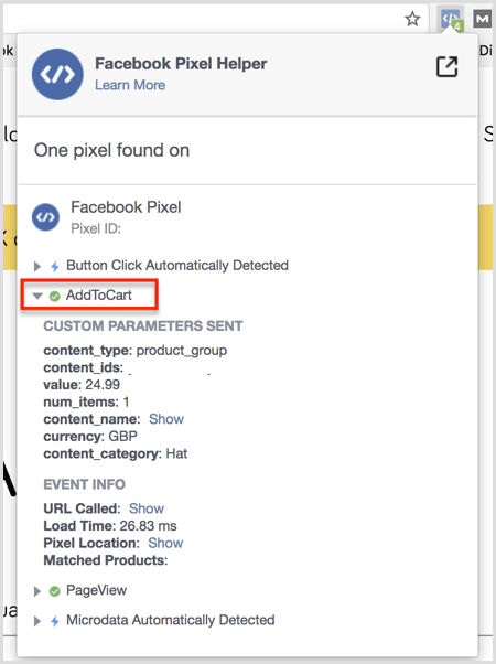نتائج المكون الإضافي Facebook Pixel Helper في صفحة Add to Cart