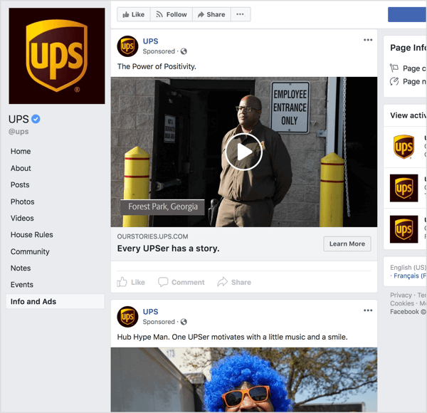 إذا نظرت إلى إعلانات Facebook من UPS ، فمن الواضح أنها تستخدم سرد القصص والجاذبية العاطفية لبناء الوعي بالعلامة التجارية.