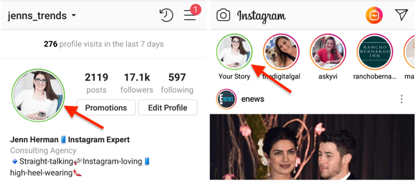 مؤشر الدائرة الخضراء لصورة ملفك الشخصي في Instagram عندما تشارك قصة مع قائمة الأصدقاء المقربين.