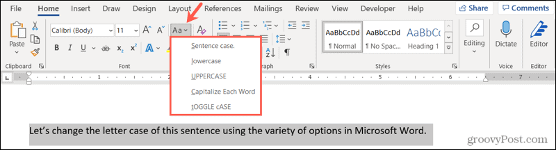 تغيير حالة الأحرف في Word على Windows