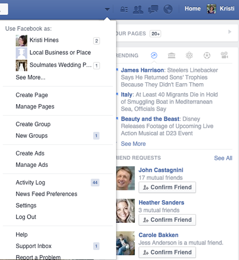 سهم قائمة إدارة صفحات الفيسبوك