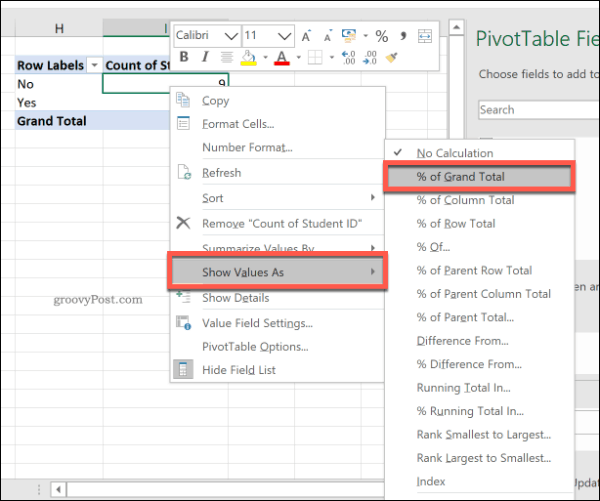 استخدام إجماليات النسبة المئوية في جدول محوري لـ Excel