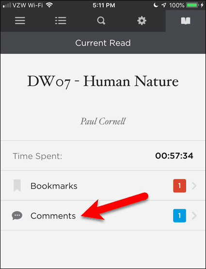 اضغط على التعليقات في BookFusion لنظام iOS