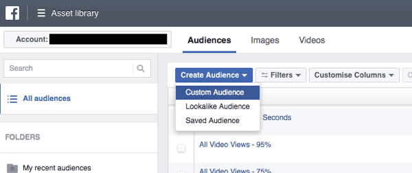 في Facebook Ads Manager ، انقر فوق إنشاء جمهور وحدد Custom Audience من القائمة المنسدلة.