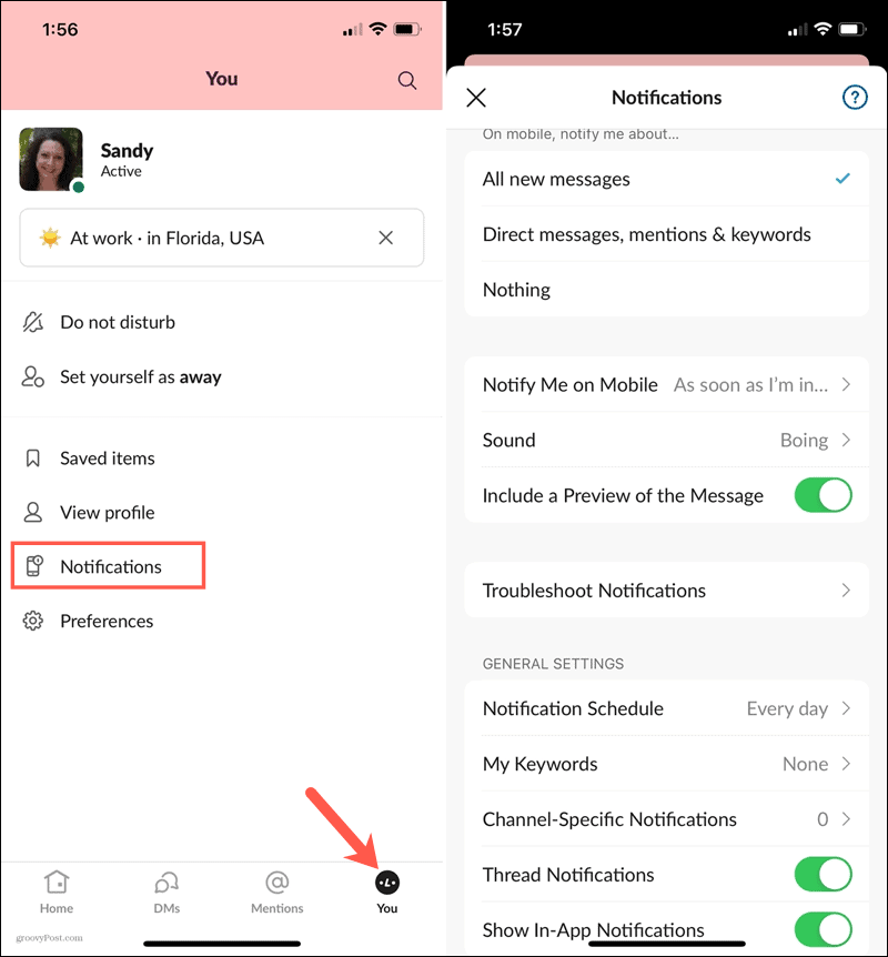 الإخطارات في Slack on Mobile