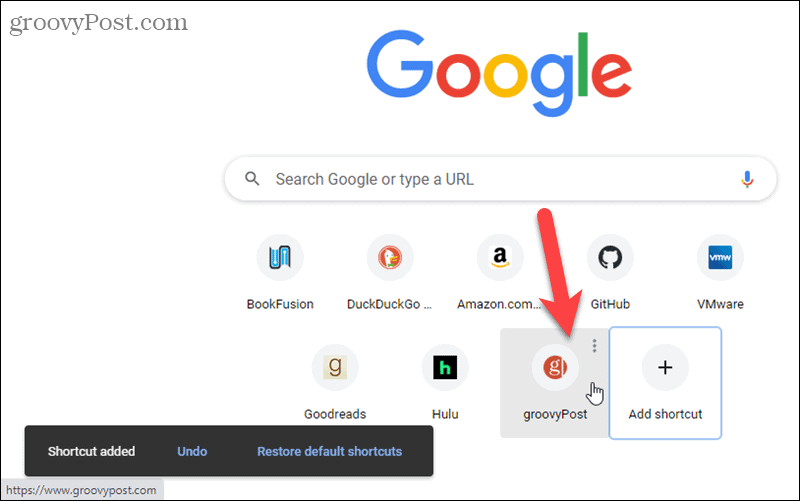 تمت إضافة الاختصار إلى صفحة علامة تبويب جديدة في Chrome