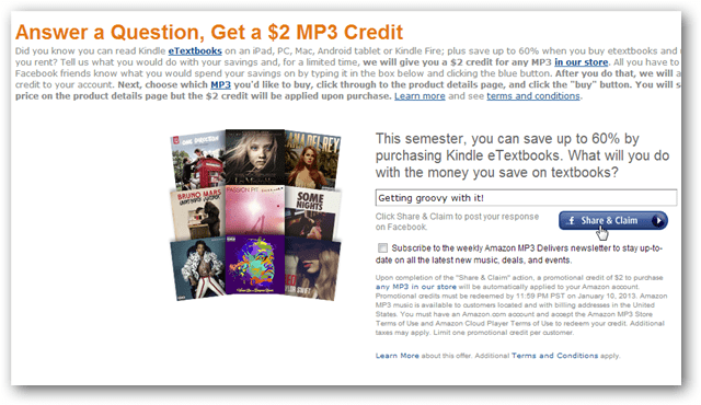 احصل على رصيد Amazon MP3 بقيمة 2 دولارًا أمريكيًا مقابل Facebook Post