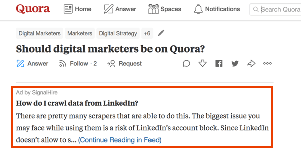 مثال للتسويق على Quora بإعلان مدفوع.