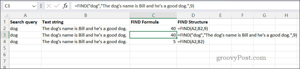 مثال على صيغة FIND في Excel