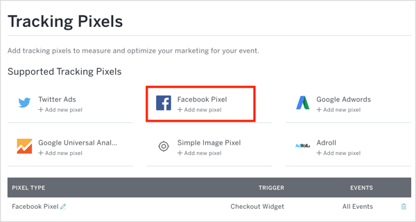 في Eventbrite ، انقر فوق Facebook Pixel وأدخل معرف البكسل والتفاصيل الأخرى.