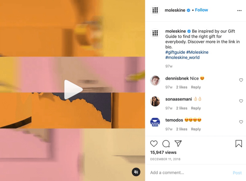 مثال على منشور فيديو عن فكرة هدية على Instagram منmoleskine مع دعوة إلى اتخاذ إجراء لتوجيه المشاهدين إلى الرابط في السيرة الذاتية لمزيد من المعلومات