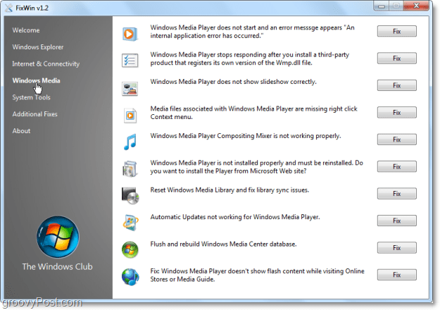 FixWin Windows Meda يعمل على إصلاح لقطة الشاشة