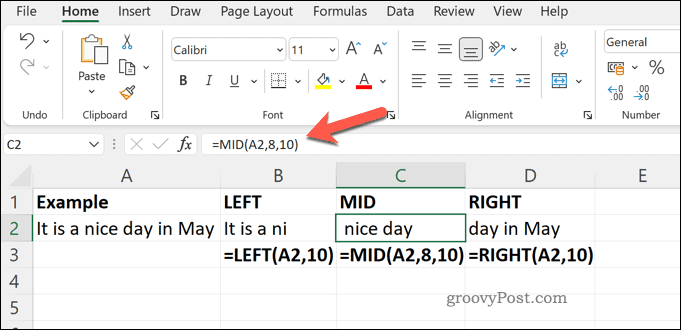 مثال على وظائف MID RIGHT و LEFT في Excel