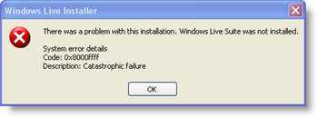 رمز خطأ نظام Windows Live Installer: 0x8000ffff - فشل فادح