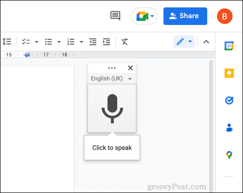مربع قائمة الكتابة الصوتية في محرر مستندات Google