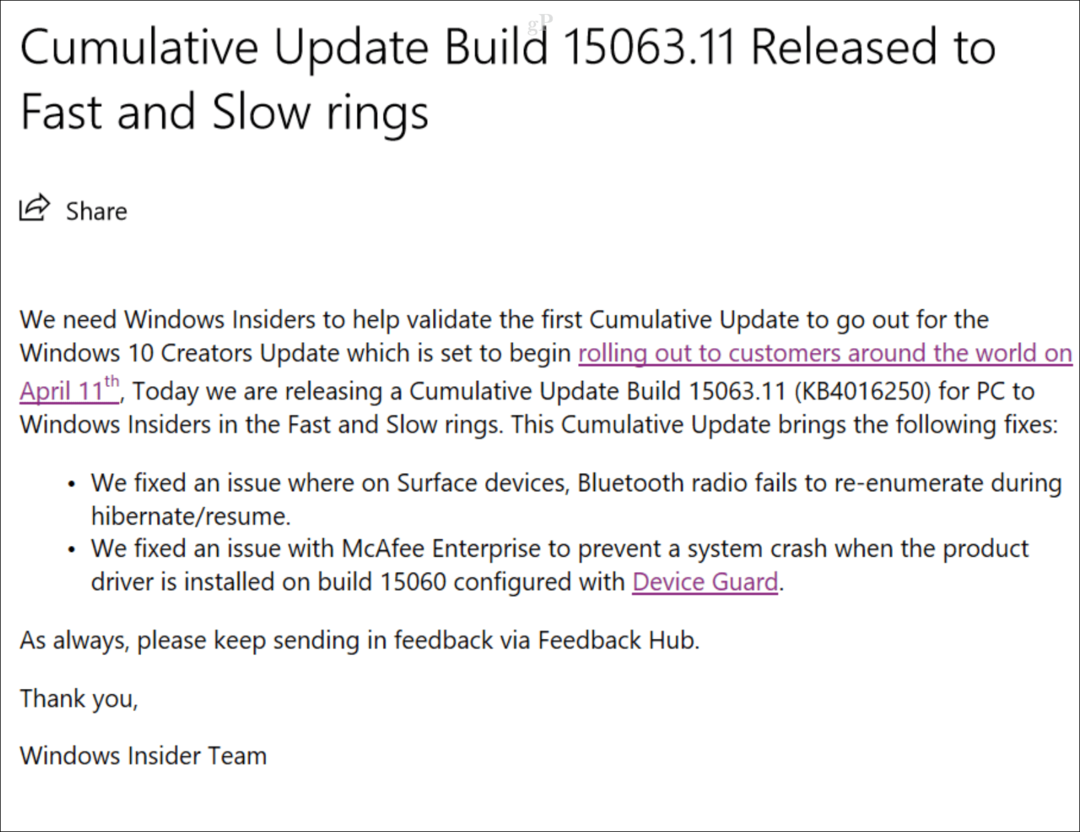 إصدار التحديث التراكمي الأول لـ Windows 10 Creators Update