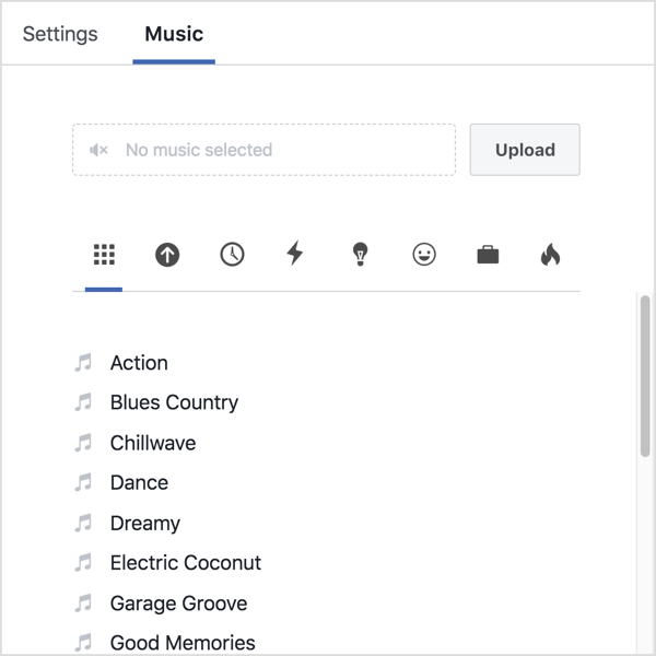 انقر فوق علامة التبويب "الموسيقى" وقم إما بتحميل الصوت الخاص بك أو تحديد مسار من مكتبة Facebook.