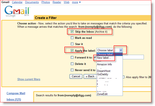 إنشاء إجراءات تصفية GMail وتعيين تسمية