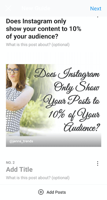 مثال على إنشاء دليل instagram جديد مع تحديد المنشور وعنوان "لا يعرض instagram سوى ملف المحتوى إلى 10٪ من جمهورك ، بالإضافة إلى خيارات إضافة وصف الدليل والمزيد المشاركات