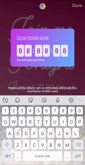 كيفية استخدام ملصق Instagram Countdown للأعمال ، الخطوة 2 اسم العد التنازلي.