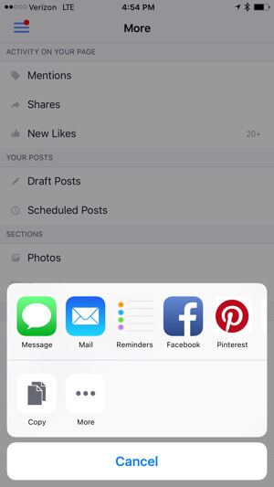 احفظ أو شارك رابط رسائل facebook من تطبيق صفحات facebook