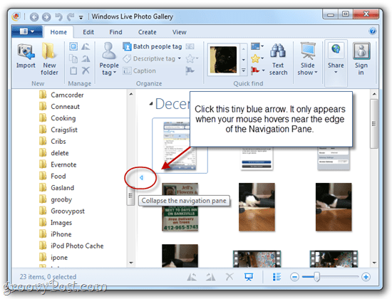 إظهار / إخفاء جزء التنقل في معرض صور Windows Live 