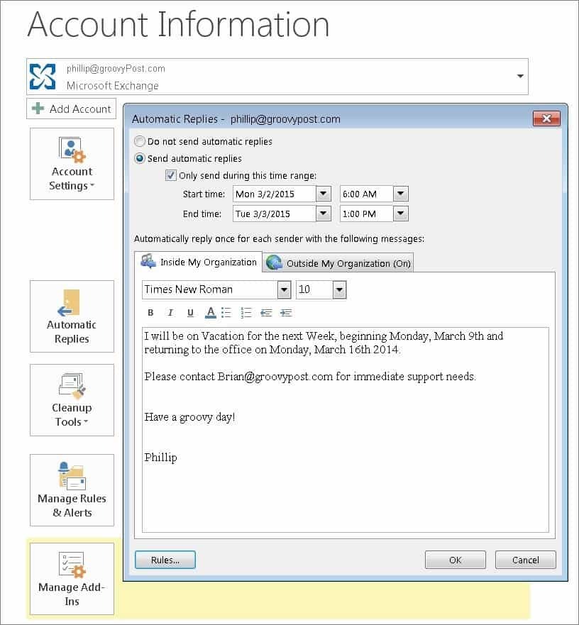تمكين الردود التلقائية باستخدام Office Assistant في Outlook 2010 و 2013