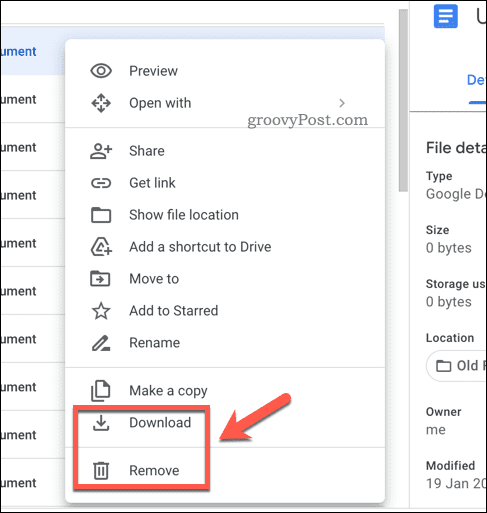 إزالة أو تنزيل الملفات في Google Drive