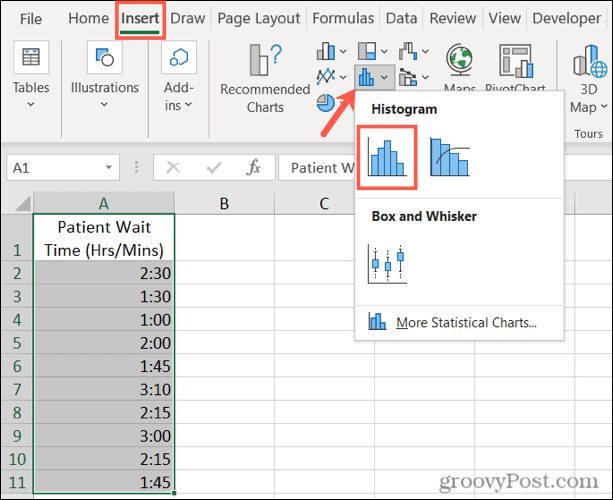 أدخل مدرج تكراري في Excel