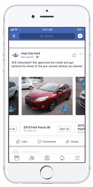 قدم Facebook إعلانات ديناميكية تمكن شركات السيارات من استخدام كتالوج سياراتهم لزيادة أهمية إعلاناتهم.